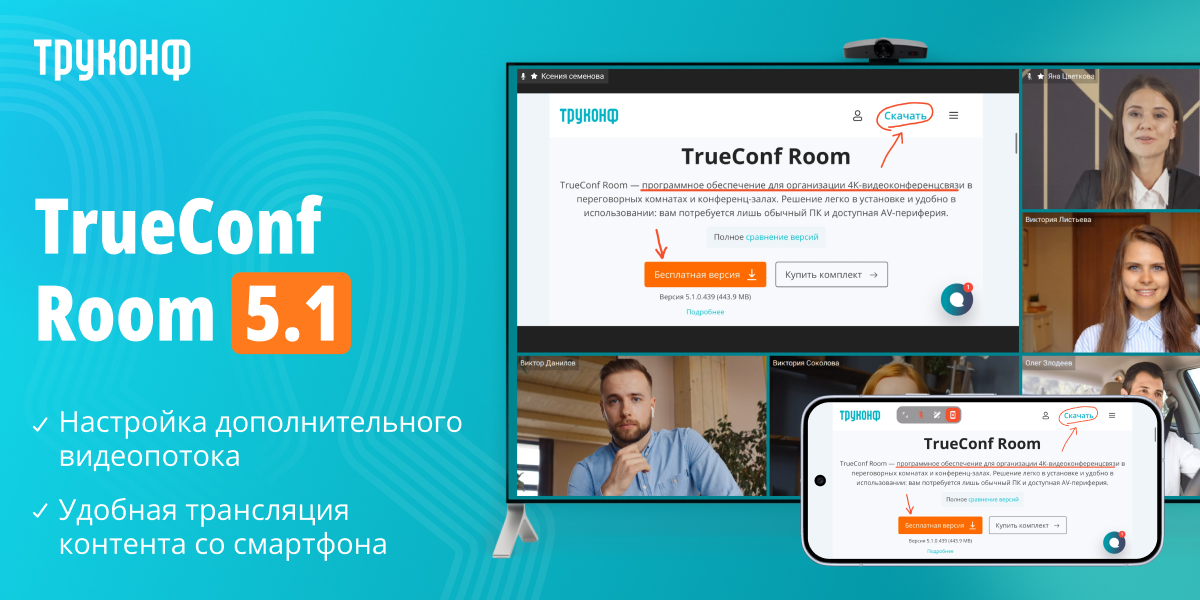 TrueConf Room 5.1: настройка дополнительного видеопотока и удобная трансляция контента со смартфона 1 TrueConf Room 5.1: настройка дополнительного видеопотока и удобная трансляция контента со смартфона 1